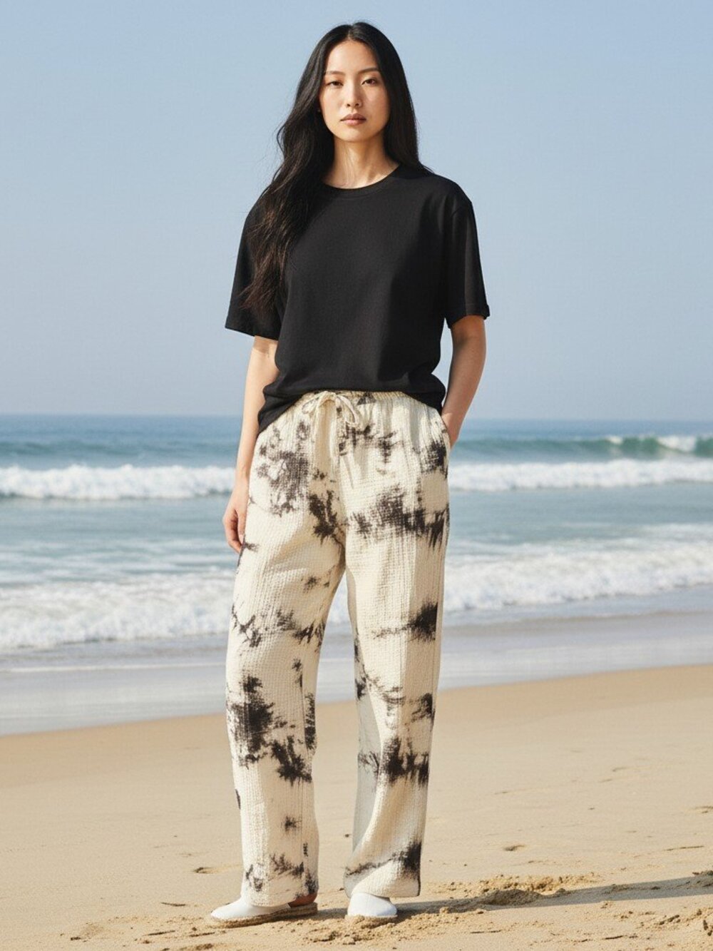NEW Zara Relaxed Fit Relaxed Thigh/Leg Cream/Black Tie Dye Cotton Pants Small